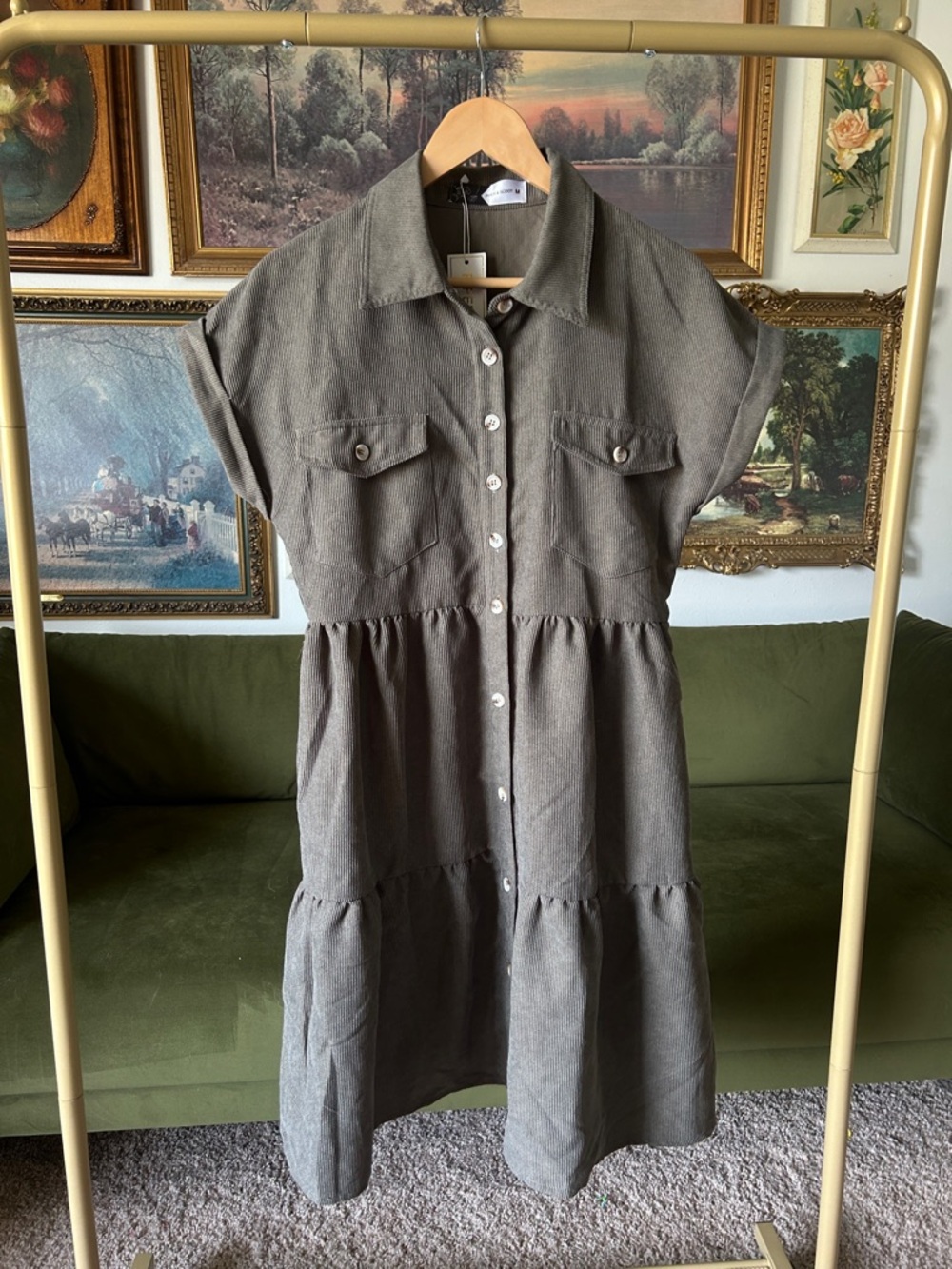 NWT Piper & Scoot Corduroy Olive Button-Front Tiered Shirt Dress